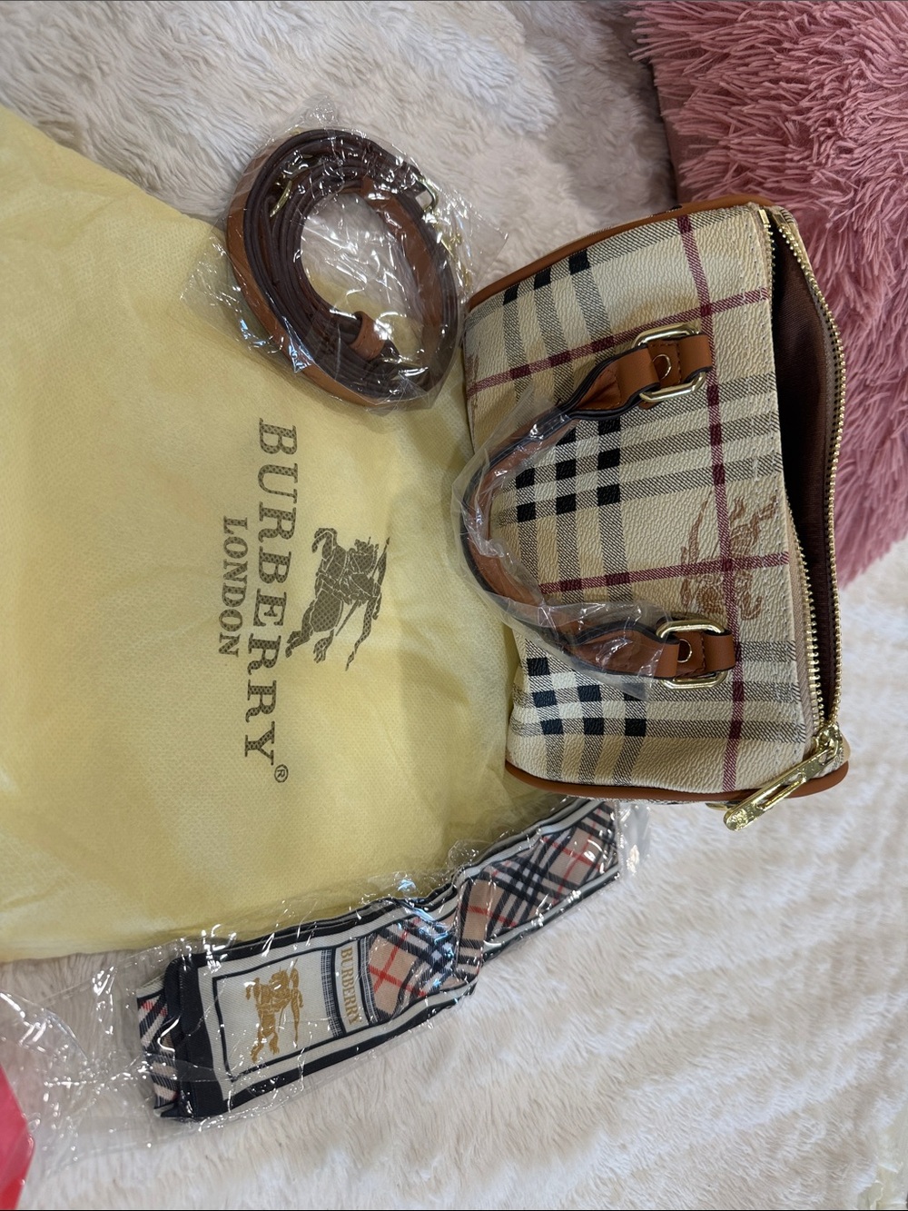 Burberry Beige Check Mini Satchel with Tan Leather Trim